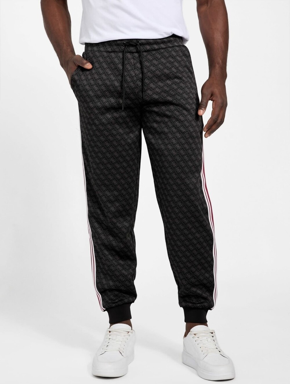Guess Men's Black Patterned Joggers with Side Stripe Size L